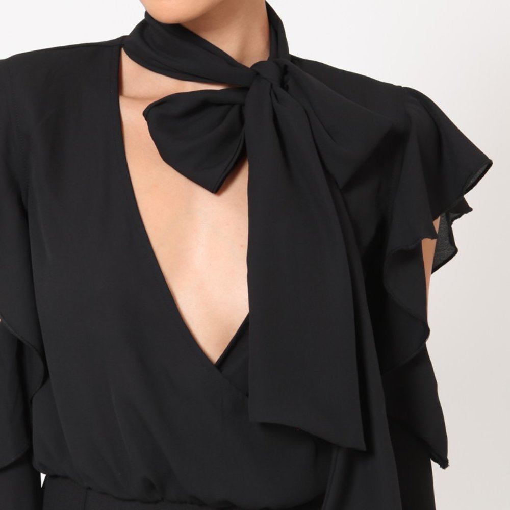 NWT Sexy Black Tuxedo Jumpsuit Cold Shoulder Small - Picture 2 of 9